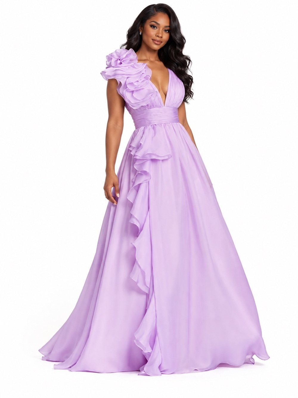 Mac Duggal Lavender Ruffle Chiffon Gown Women’s Size 6 Formal Evening Dress 👗